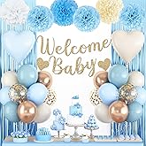 Dusty Blue Baby Shower Decorations for Boy,Welcome Baby Banner with Sand White Champagne Gold Balloons Fringe Curtains Paper Pom Poms Flowers Tassels for Boho Baby Shower Gender Reveal Party Supplies