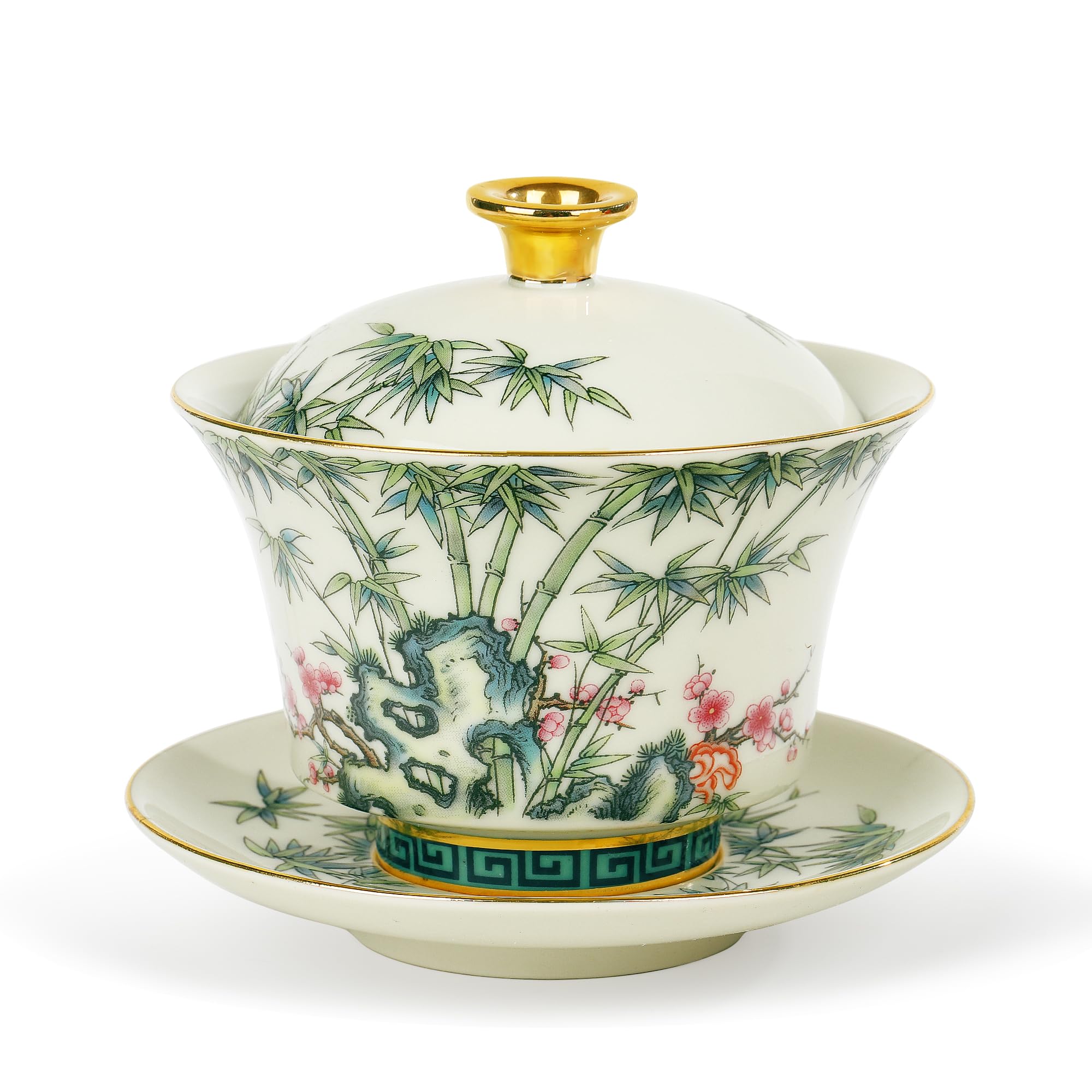 fanquare Chinese Gaiwan Red Plum Blossoms Green Bamboo Porcelain Sancai Tea Bowl with Lid Vintage Teacup Saucer Cover Set 200ML