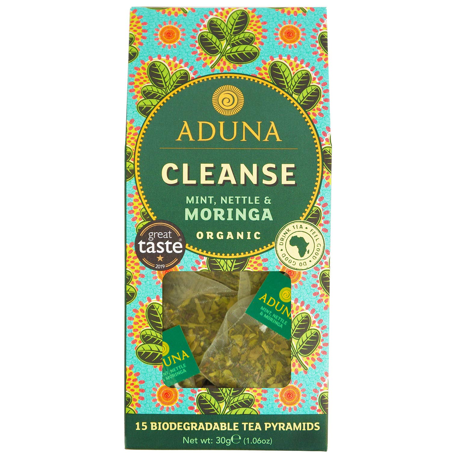 Aduna Organic Cleanse Moringa Super Tea | Natural Caffeine-Free Herbal Infusion With Moringa, Peppermint & Nettle | Superfood Tea for Digestion & Gut Support | 15 Biodegradable Pyramid Bags x 6 Packs