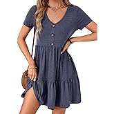 Rooscier Women's V Neck Short Sleeve Ruffle Tiered A Line Swing Casual Mini Dress Sundress
