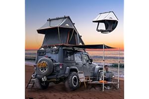 HEYFUN Adventurer Pro Rooftop Tent Hard Shell with USB Outlet, Side Awning, Replaceable Rain Fly&Luggage Racks for 4 Season Camping, Aluminum Pop Up 2-3 Person Roof Top Tent for Truck Jeep SUV Van Trailer