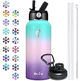 Elvira 32oz Vacuum Insulated Stainless Steel Water Bottle with Straw & Spout Lids, Double Wall Sweat-proof BPA Free to Keep B