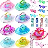Coume 23 Pcs Cowboy Light up Hat Bulk Sparkly Holographic Hats with Heart Sunglasses for Women Costume Western Party