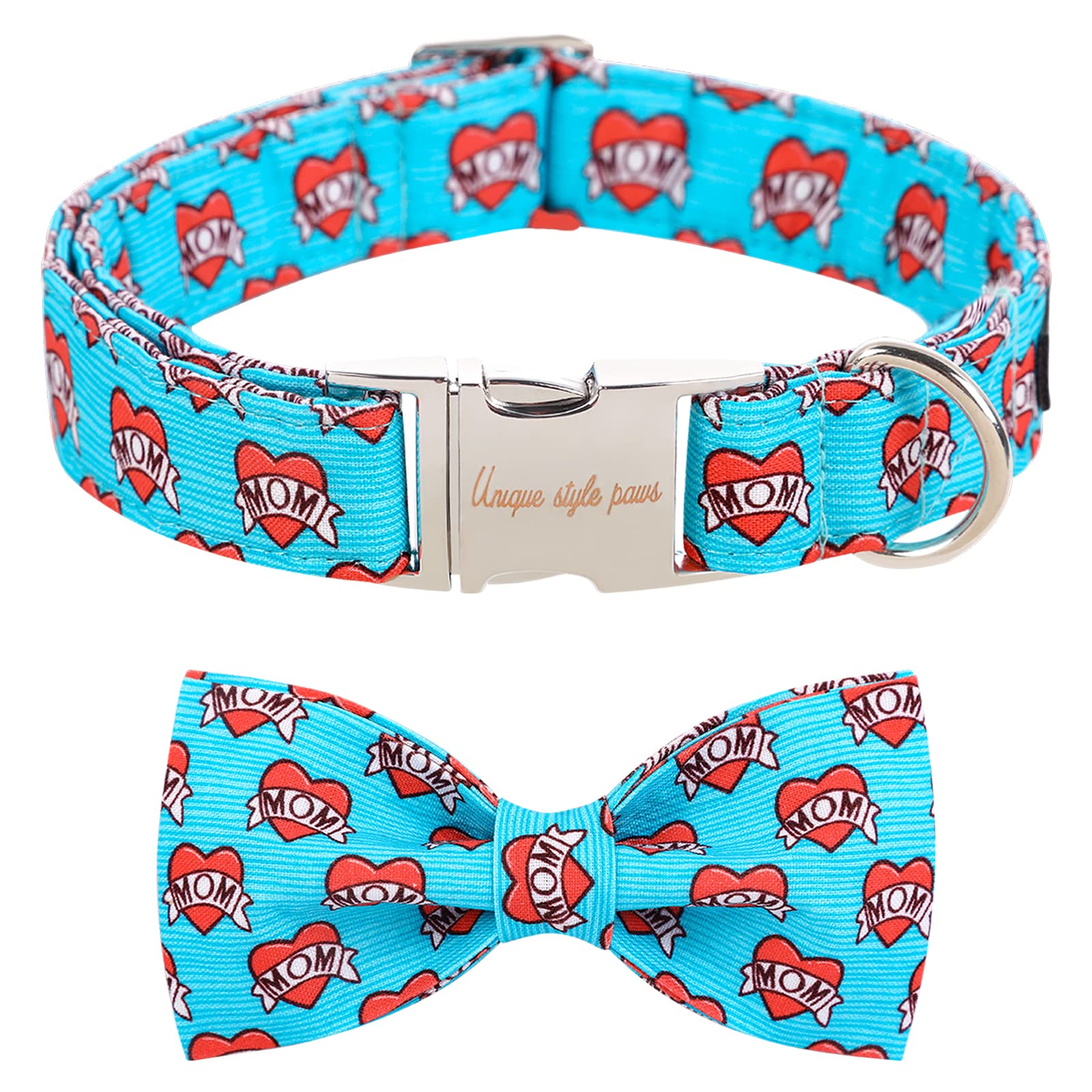 Unique style paws Dog Collar with Bow Tie Blue Heart Puppy Collar Comfy Soft Bowtie Dog Collar Best Gift for Small Medium Large Dogs-M