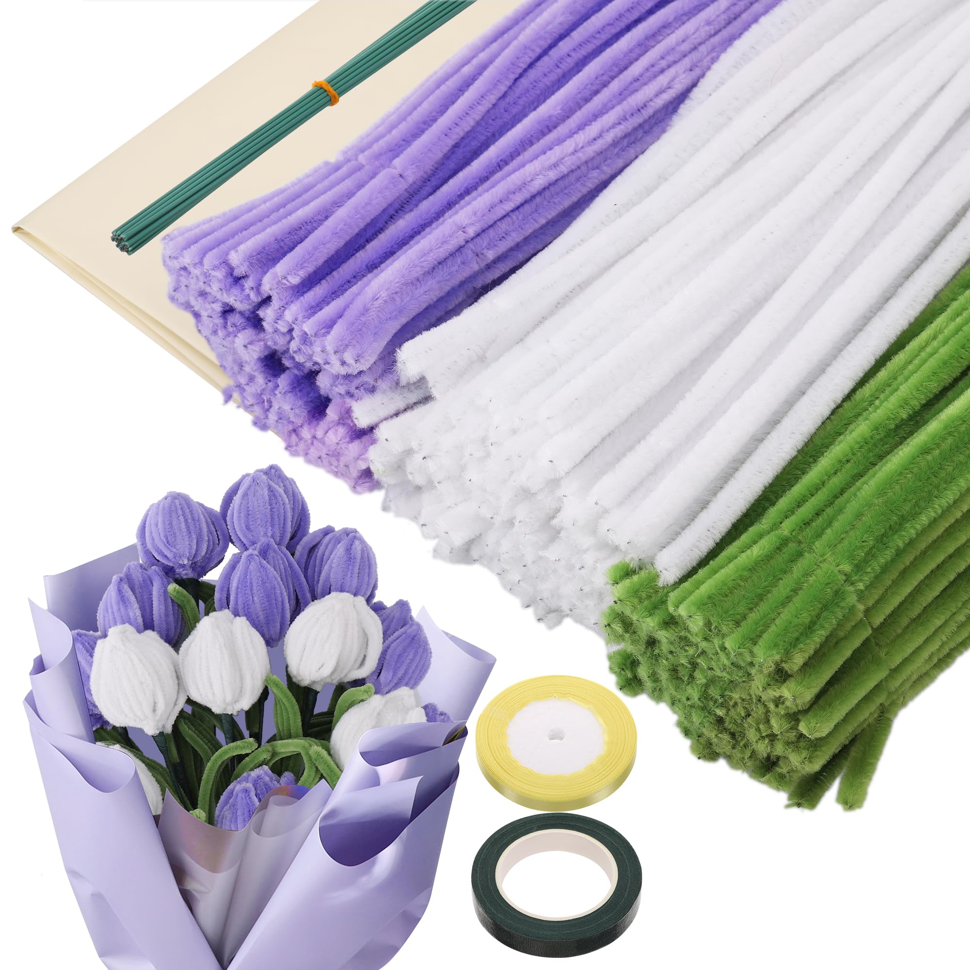 Photo 1 of 320pcs  Cleaners Flowers Kit, Colorful Pipe Cleaners for Crafts with Flower Stems and Floral Tape, 30cm Long Chenille Stems DIY Bouquet Kit, White Green Purple Pipecleaners Flower Making Kit