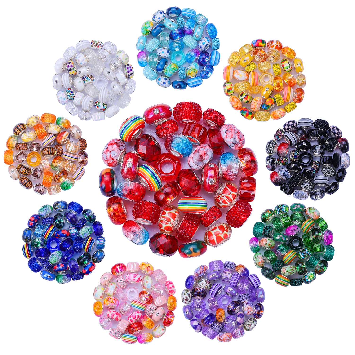 240 Pieces Assorted European Craft Beads Large Hole Lampwork Spacer Beads Colorful European Beads for DIY Necklace Bracelet Jewelry Making (Mix Color Style)