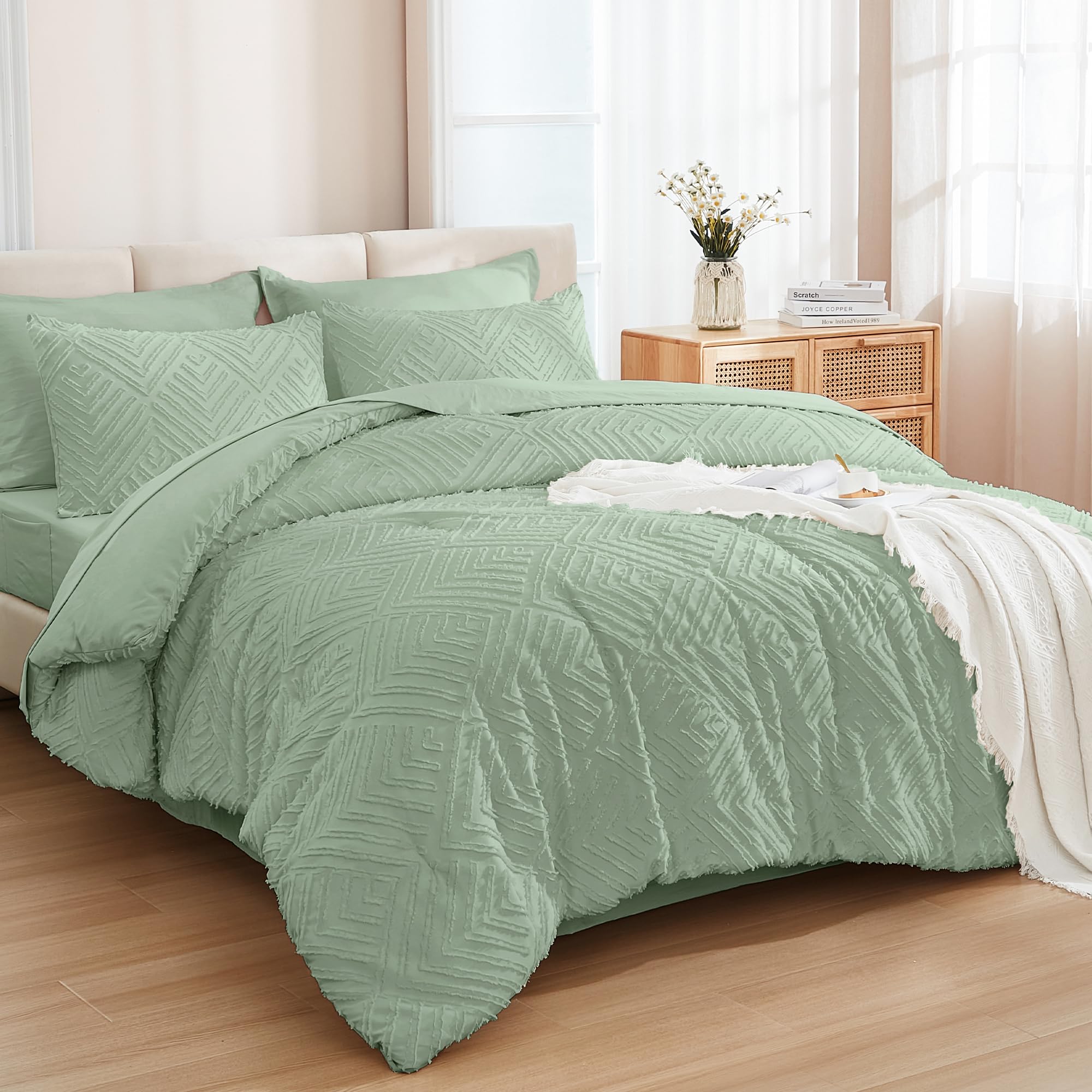 Photo 1 of Andency Super King Comforter Set Sage Green - 7 Pieces Bed in a Bag Super King Bedding Comforter Sets, Tufted Lightweight Fluffy Bed Set with Comforter, Sheets, Pillowcases & Shams