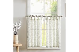jinchan Linen Kitchen Curtains Floral Printed Tier Curtains 36 Inch Length Farmhouse Cafe Drapes for Small Windows Tie Top Botanic for Country Laundry Room Bathroom RV 2 Panels Sage Green on Beige