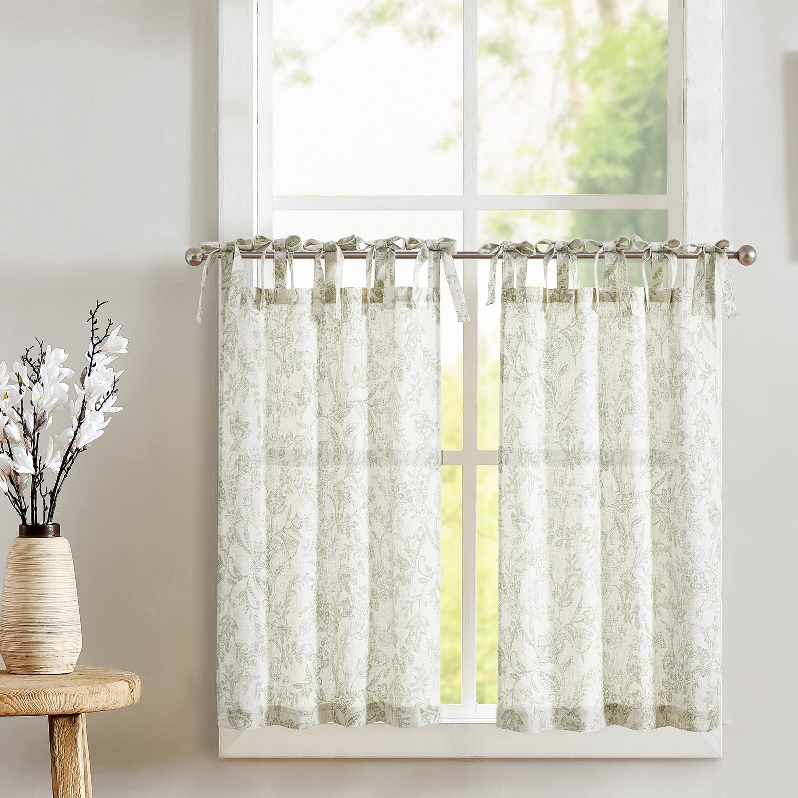 Photo 1 of jinchan Linen Kitchen Curtains Floral Printed Tier Curtains 36 Inch Length Farmhouse Cafe Drapes for Small Windows Tie Top Botanic for Country Laundry Room Bathroom RV 2 Panels Sage Green on Beige