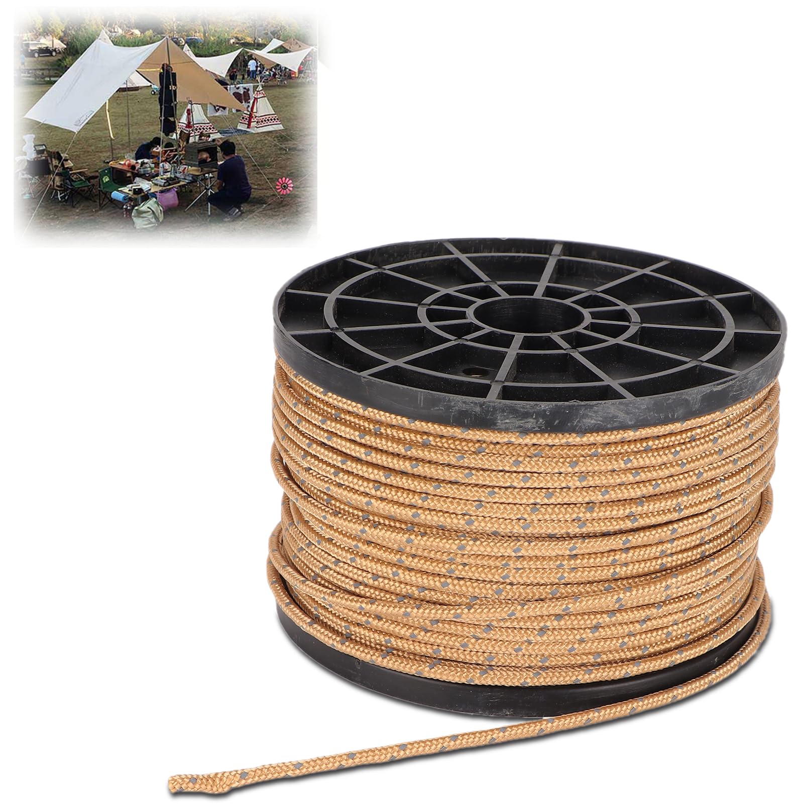 Tent Guy Ropes, Camping Tent Rope Guy Ropes For Awning 50 Meters High Density Khaki Reflective Outdoor Camping Rope