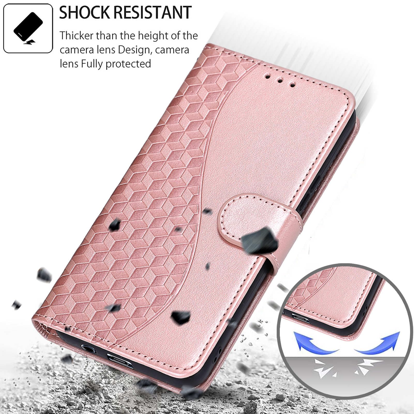 Handyhülle für Google Pixel 10a Hülle, Premium Leder Flip Klappbare Stoßfeste Magnetische [Standfunktion] [Kartenfächern] Schutzhülle Tasche, Roségold 3D 7