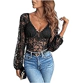 SweatyRocks Women's Lace Long Sleeve Corset Bodysuit Tops Sheer Mesh V neck Jumpsuit