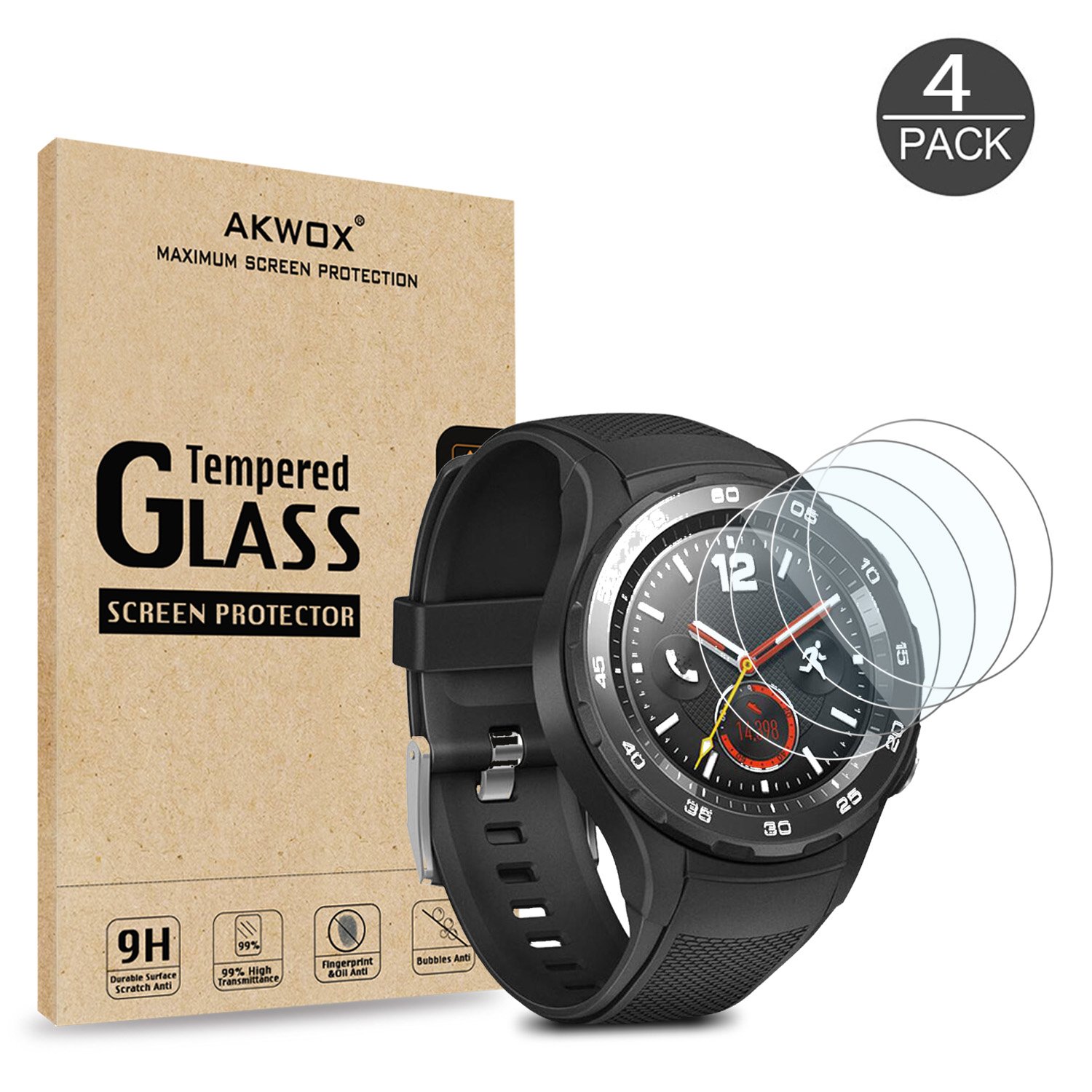 AKWOX [4 Unidades] Protector de Pantalla para Huawei Watch 2, [0.33MM] [9H Dureza] Cristal Vidrio Templado para Huawei Watch 2 Cristal Templado
