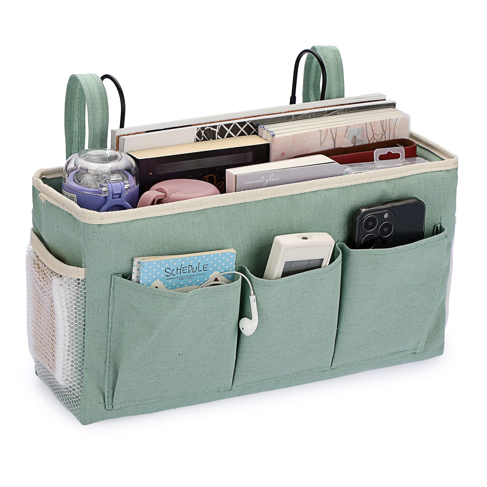 IGNPION Canvas Bedside Hanging Storage Pockets Metal Hook Adjustable Tape Dormitory Bed Organiser Caddy Mulit-purpose Bag Home Office School Hospital,Green (IGPUK0581)