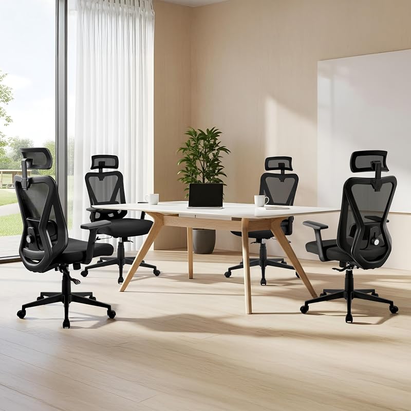 Bürostuhl ergonomischer schreibtischstuhl mit Verstellbarer Kopfstütze & Lendenwirbelstütze, atmungsaktiver Netzstuhl mit breitem Sitz, S-förmige Rückenlehne, 360° drehbar Schwarz