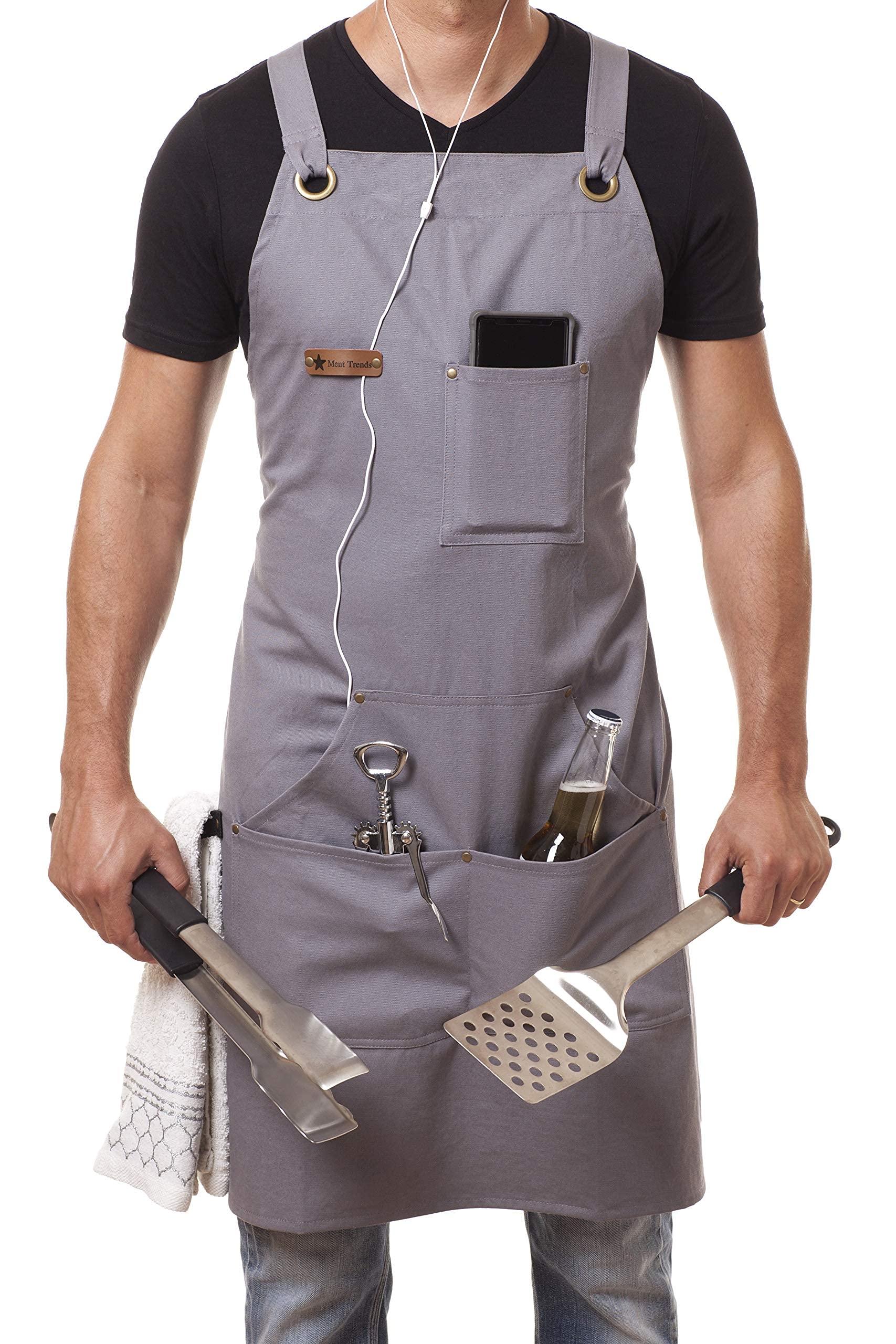 ARAWAK BRAVE Professional Cooking Apron Chef Designed for Kitchen BBQ Grill / 10 OZ Grey Cotton for Women and Men Bib Adjustable/Towel Loop + Quick Release Buckle + Tool Pockets + Headphones Loop