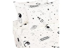 J-PINNO J pinno Space Astronaut Airship Planet Stars Earth Boys Full Sheet Set Bedroom Decoration Gift, 100% Cotton, Flat Sheet + Fitted Sheet + Pillowcase Bedding Set (20, Full)