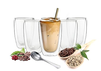 Sendez 6 doppelwandige Cappuccino Gläser 200ml mit 6 Edelstahl-Löffel GRATIS Kaffeegläser Teegläser Gläser Set Thermoglas