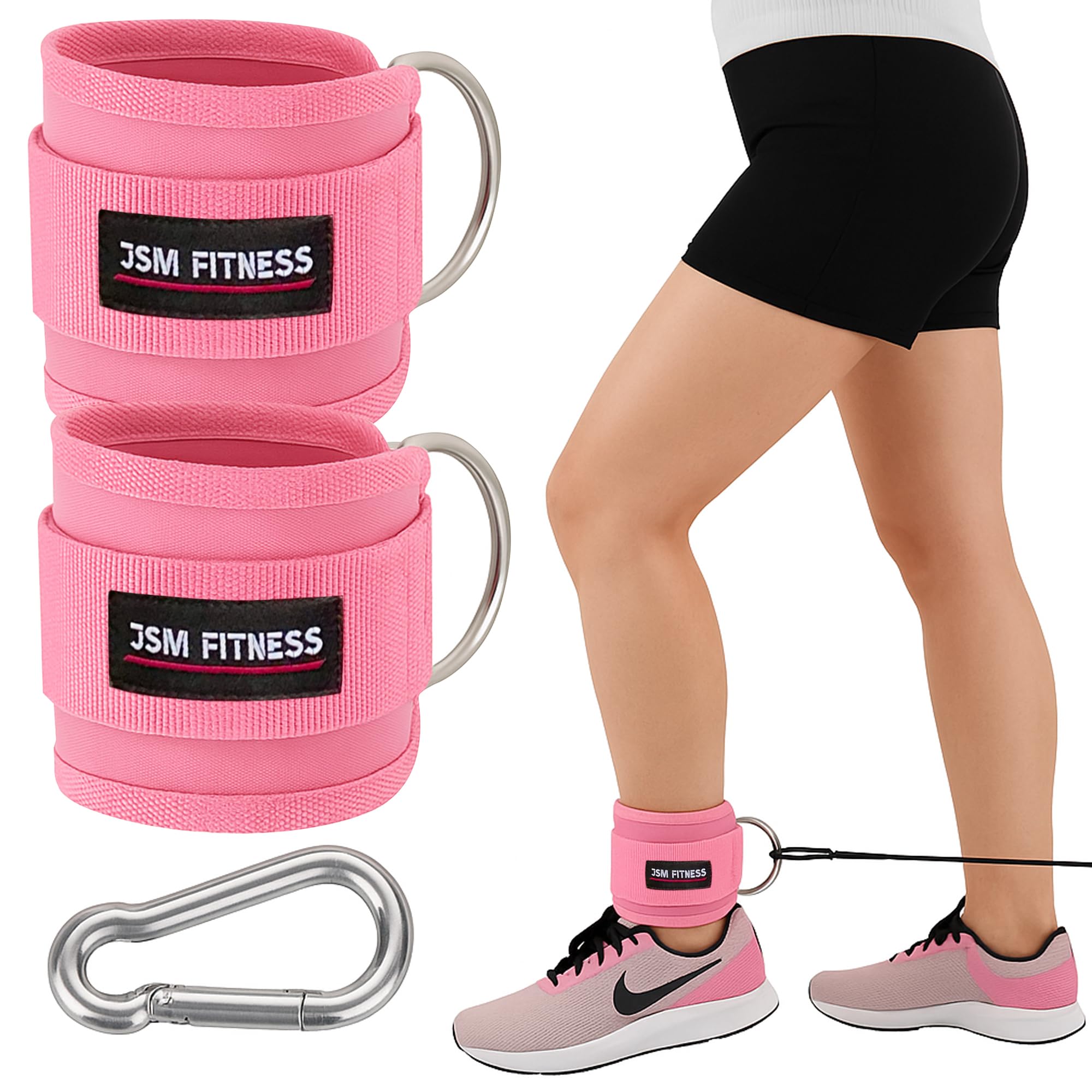 JSM FITNESS Pink Ankle Straps for Cable Machines Women - Ankle Strap for Glute Kickbacks, Leg Extensions & Cable Kick Back - Gym Ankle Strap Cable Attachment with D-Rings & Padded Neoprene