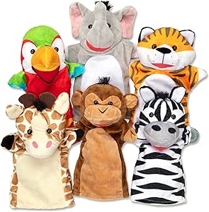 Melissa &amp; Doug Safari Buddies Hand Puppets, Set of 6 (Elephant, Tiger, Parrot, Giraffe, Monkey, Zebra)