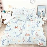 VTKON Whale Bedding Set Twin Size Light Blue Boys Ocean Comforter Set Twin Size Marine Life Bed Set Crab, Shell, Starfish Pattern Bedding for Kids Cute Ocean Quilt Set with 1 Comforter+ 1 Pillowcase