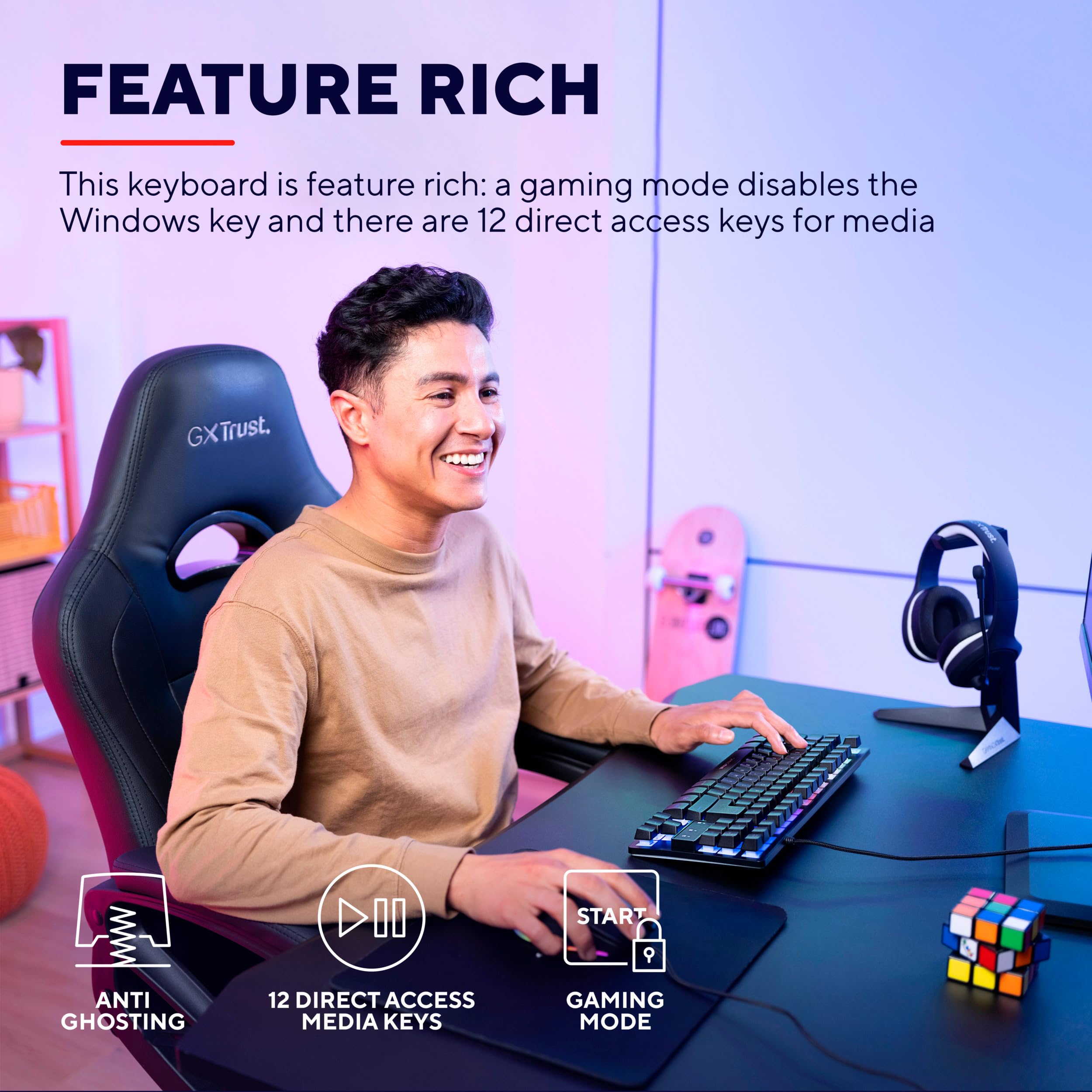 Trust Gaming Tastatur mit TKL-Design GXT 833 Thado - Beleuchtete Tastatur mit Deutsches QWERTZ Layout, Anti-Ghosting, Mehrfarbige LED-Beleuchtung, 12 Media-Tasten, USB Plug & Play, PC/Laptop 3