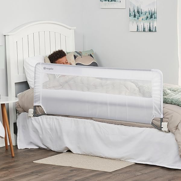 REGALO SAFETY 54” EXTRA LONG BED RAIL GUARD FOR TODDLERS, SWING DOWN TODDLER BED RAIL WITH REINFORCED ANCHOR SAFETY SYSTEM, 20” TALL BED SAFETY RAIL, FITS TWIN, FULL & QUEEN BEDS