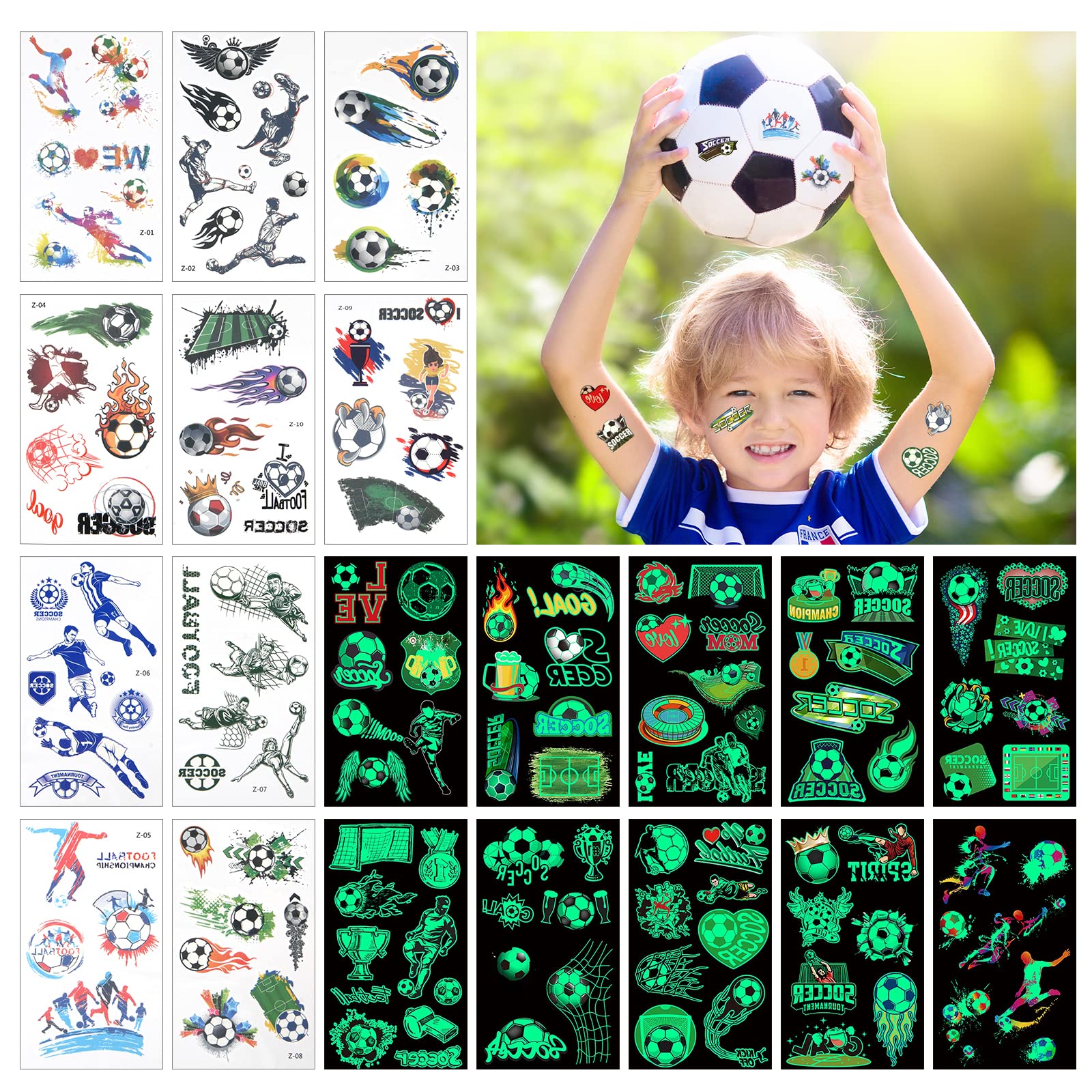AOMIG Temporary Tattoo for Kids, 10 Sheets Football Cartoon Tattoo Stickers and 10 Sheets Glow In The Dark Football Luminous Tattoos, Waterproof Fake Tattoo for Boys Birthday Party Supplies Favors