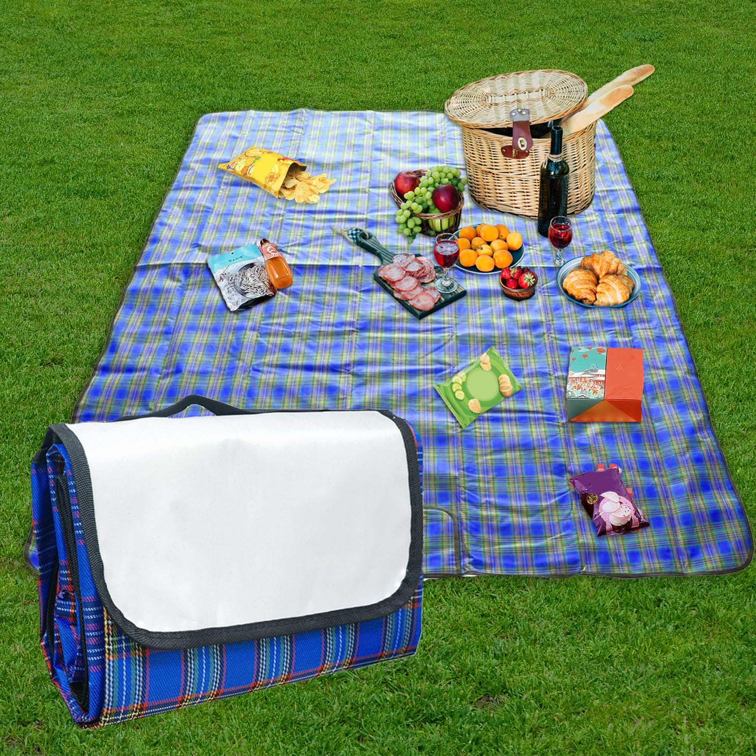 MOLHEM Picnic Blanket with Carrying Handle 200x200CM, Waterproof Sand Proof Beach Blanket Outdoor Garden Washable Picnic Mat Camping Accessories for Outdoor Activities