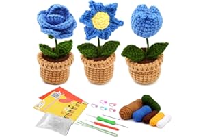 LOKUNN Crochet Kit for Beginners, Crochet Potted Flowers Kit (Blue), Complete Crochet Kit for Beginners Adults with Step-by-Step Instructions and Video Tutorials