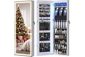 LVSOMT LED Mirror Jewelry Cabinet, Wall/Door Mount Jewelry Armoire Organizer with Lights, Full Length Mirror with Jewelry Storage, Over the Door Hanging Jewelry Cabinet (White)