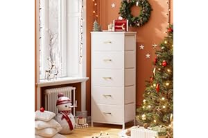 YILQQPER Dresser for Bedroom with 5 Drawers, Tall Storage Tower for Closet, Living Room, Nursery, White Dresser with Sturdy Steel Frame, Fabric Bins, Leather Finish, Wood Top (Glacier White)