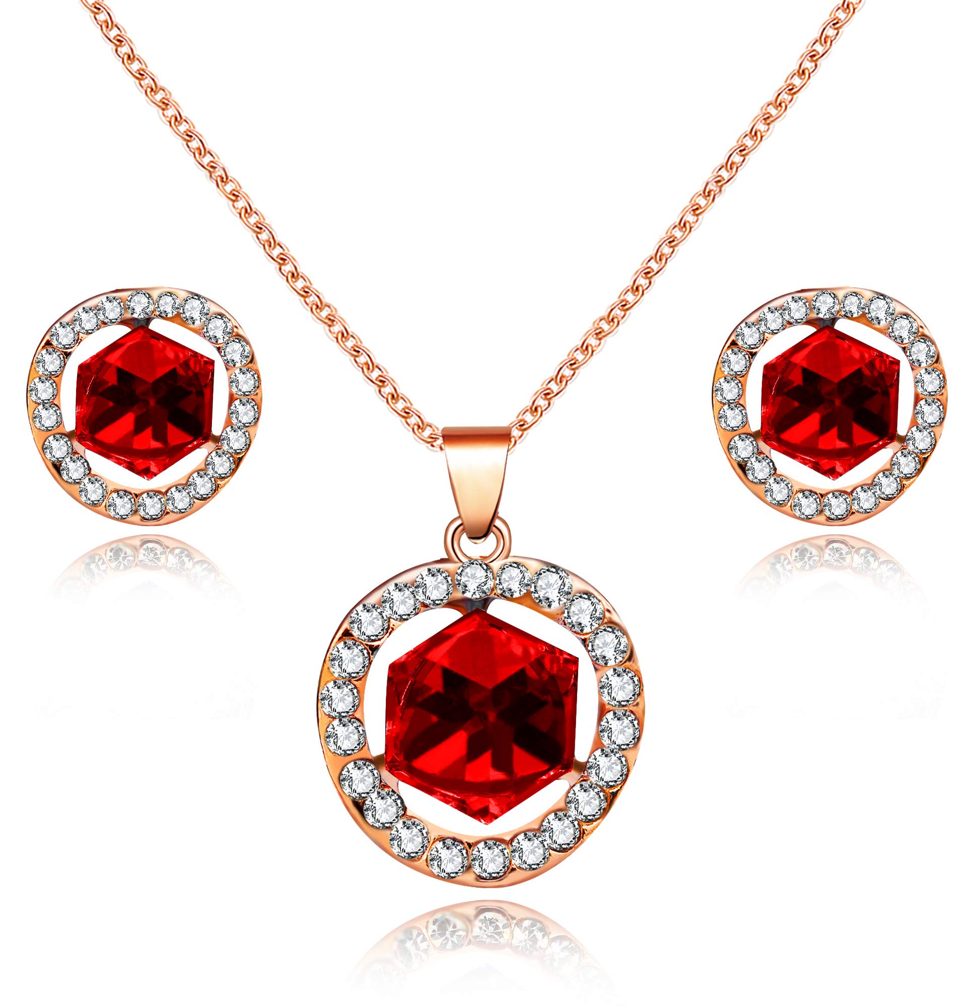 Uloveido Red Cube Crystal Wedding Jewelry Sets, Necklace and Stud Earrings Set Gifts for Brides or Bridesmaid Y453