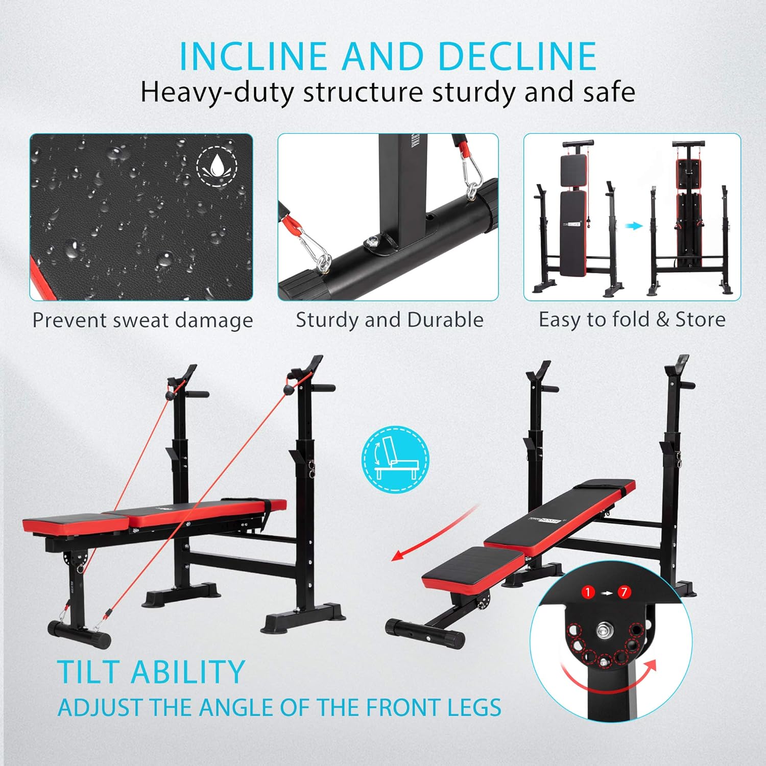 VIVOHOME Adjustable Folding Multi-Function Weight Bench with Barbell Rack Set Incline Decline Capability for Full Body Workout Home Gym Strength Training Easy Storage Black Red 330LBS: Sports & Outdoors