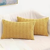 decorUhome Mustard Yellow Neutral Decorative Fall Throw Pillow Covers 12x20 Inch Set of 2, Boho Soft Corduroy Striped Rectangle Pillow Covers Modern Twill Pillow Covers for Couch Bed Sofa Living Room
