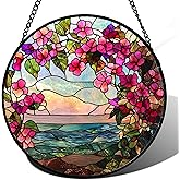AMDERVEN Stained Glass Window Hanging, Purple Flower Landscape Wreath Sun Catcher for Door Home Decor Plants Suncatcher Christmas Mother's Day Birthday Gifts for Women Men Mom Nana 9.8 in