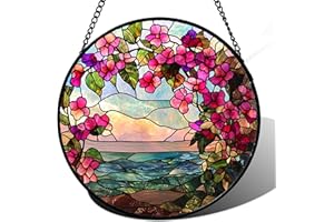 AMDERVEN Stained Glass Window Hanging, Purple Flower Landscape Wreath Sun Catcher for Door Home Decor Plants Suncatcher Christmas Mother's Day Birthday Gifts for Women Men Mom Nana 7.8 in