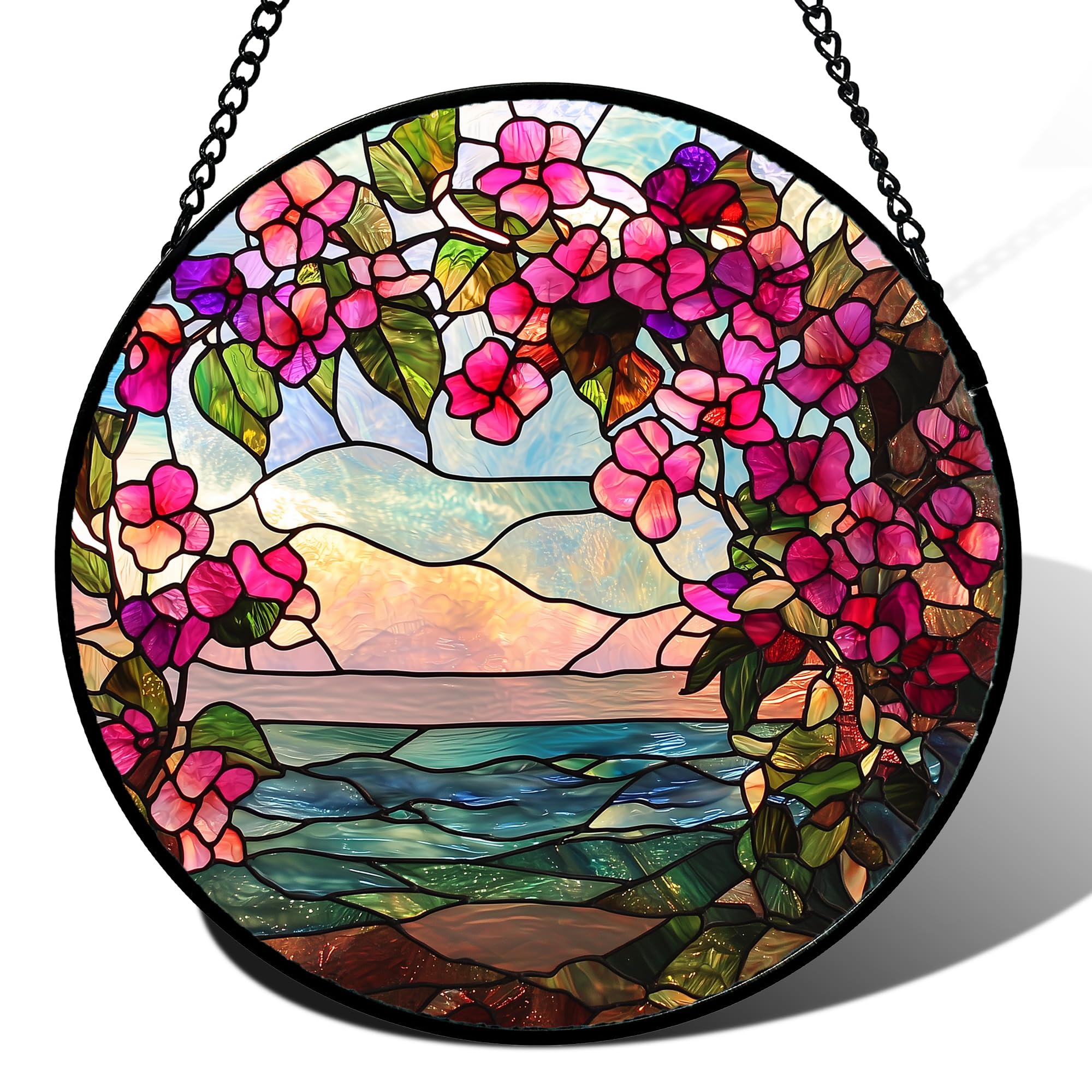 AMDERVEN Stained Glass Window Hanging, Purple Flower Landscape Wreath Sun Catcher for Door Home Decor Plants Suncatcher Christmas Mother's Day Birthday Gifts for Women Men Mom Nana 11.8 in Image