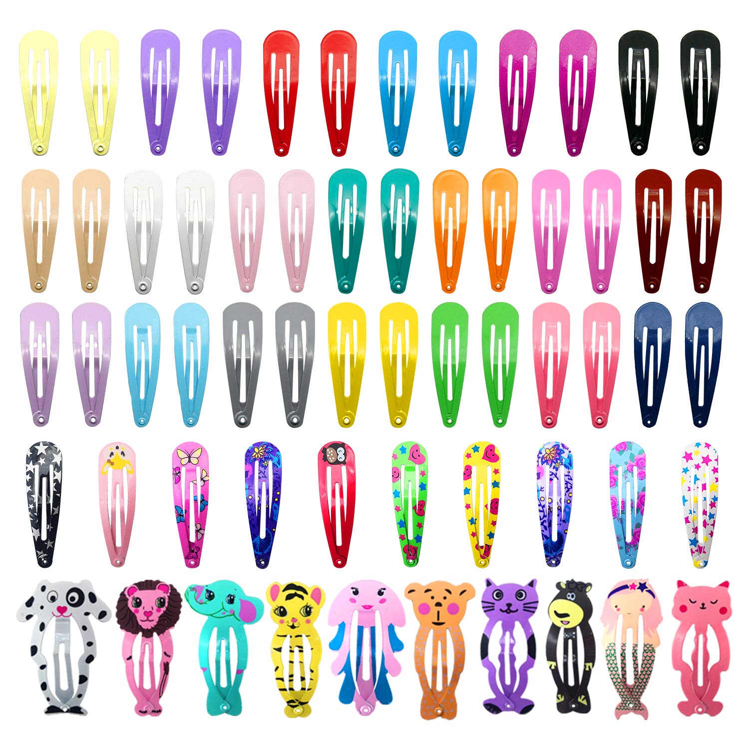 Girls Hair Clips, Funtopia 60 Pcs Non Slip Metal Snap Hair Clips for Little Girls Kids Teens Women, Candy Color Barrettes Hair Accessories (Solid, Flower and Animals)