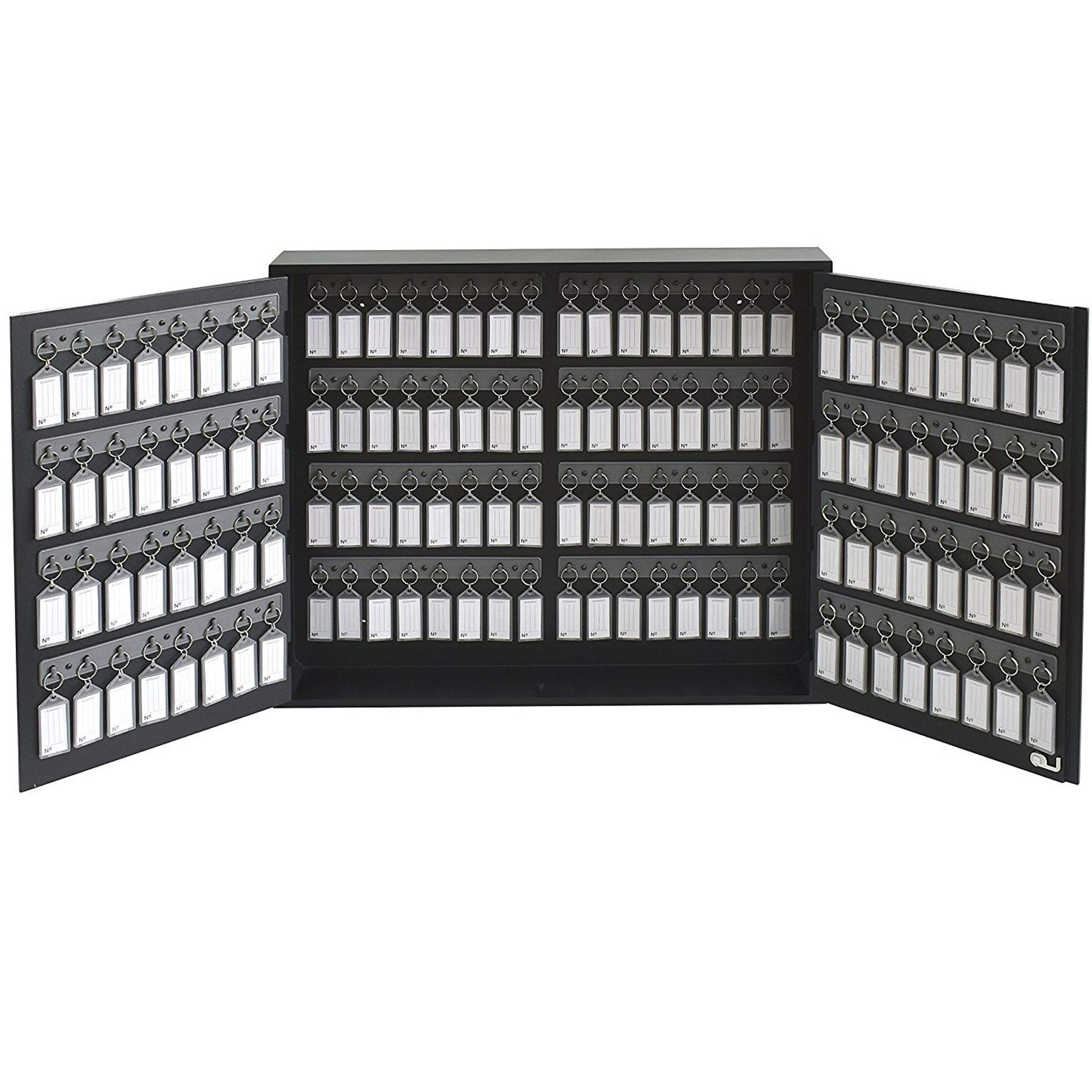 Acrimet 128-Key Cabinet with Lock, Wall Mount Wooden Key Organizer, Security Key Storage Box (128 Positions) with Numbered Hooks & Smoke Key Tags – Commercial & Home Use (Black)