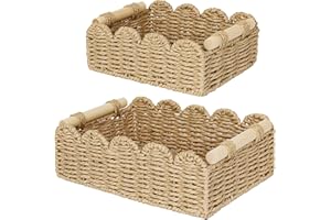 WILLITAT Toilet Paper Storage Basket, Paper Rope Scalloped Decor Baskets with Wooden Handles, Rectangular Storage Organizer for Living Room, Bathroom, Toilet Tank, Shelves, and Home Decor, Set of 2