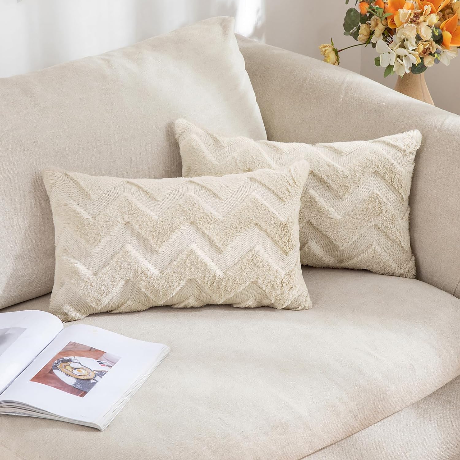MIULEE Set of 2 Wool Cushion Covers, Soft Polyester, for the Sofa, Wavy, Decorative with Concealed Zip for the Living Room & Bedroom, 30 x 50 cm, Beige