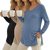 Huukeay 3 Pack Women's Thermal Maternity Shirts Long Sleeve Fleece Lined Pregnancy Tops Split Side V Neck Maternity Clothes