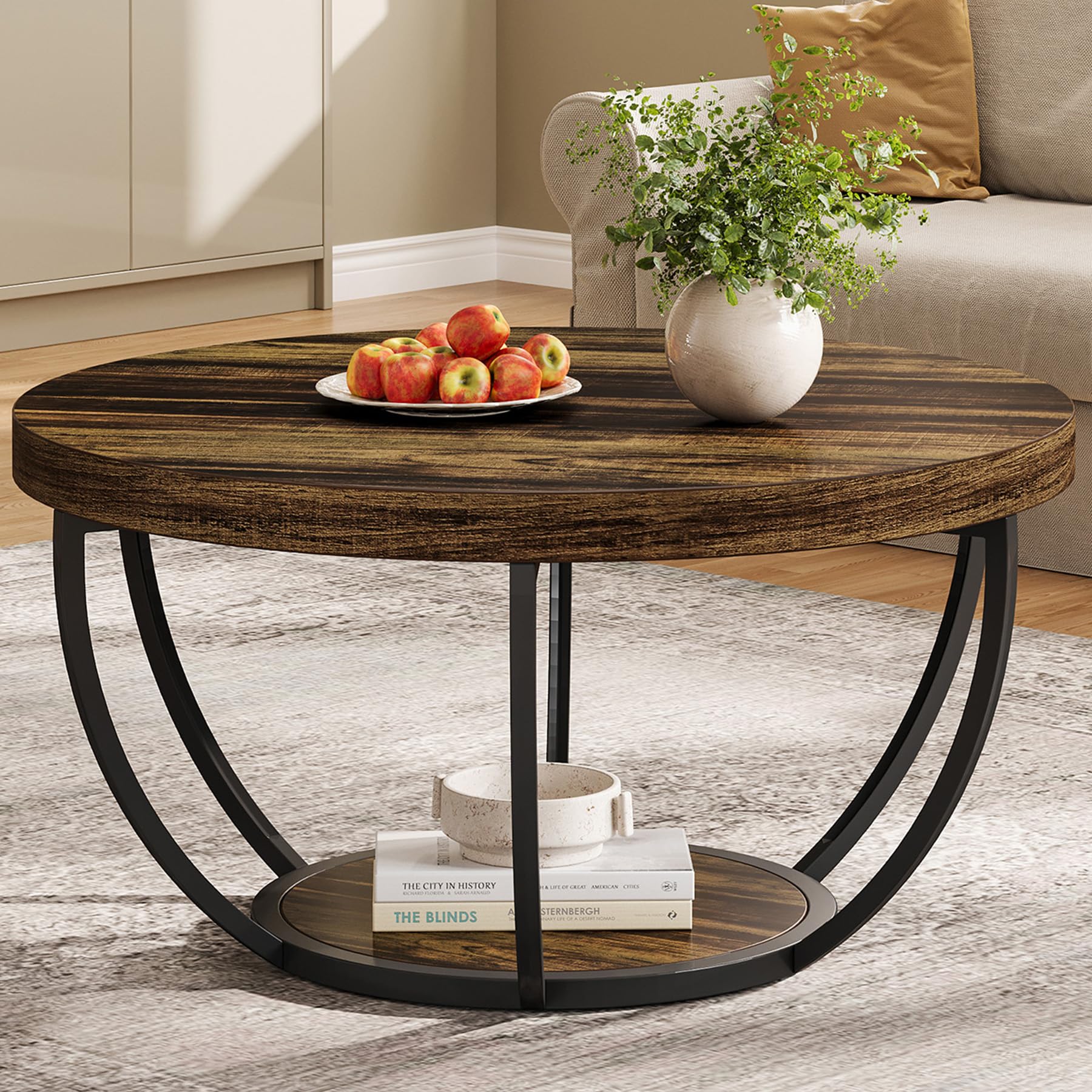 Tribesigns Round Coffee Table, 31.7" Wooden 2-Tier Circle Coffee Table with Storage Shelves, Modern Accent Cocktail Table Center Table for Living Room, Rustic Brown Image