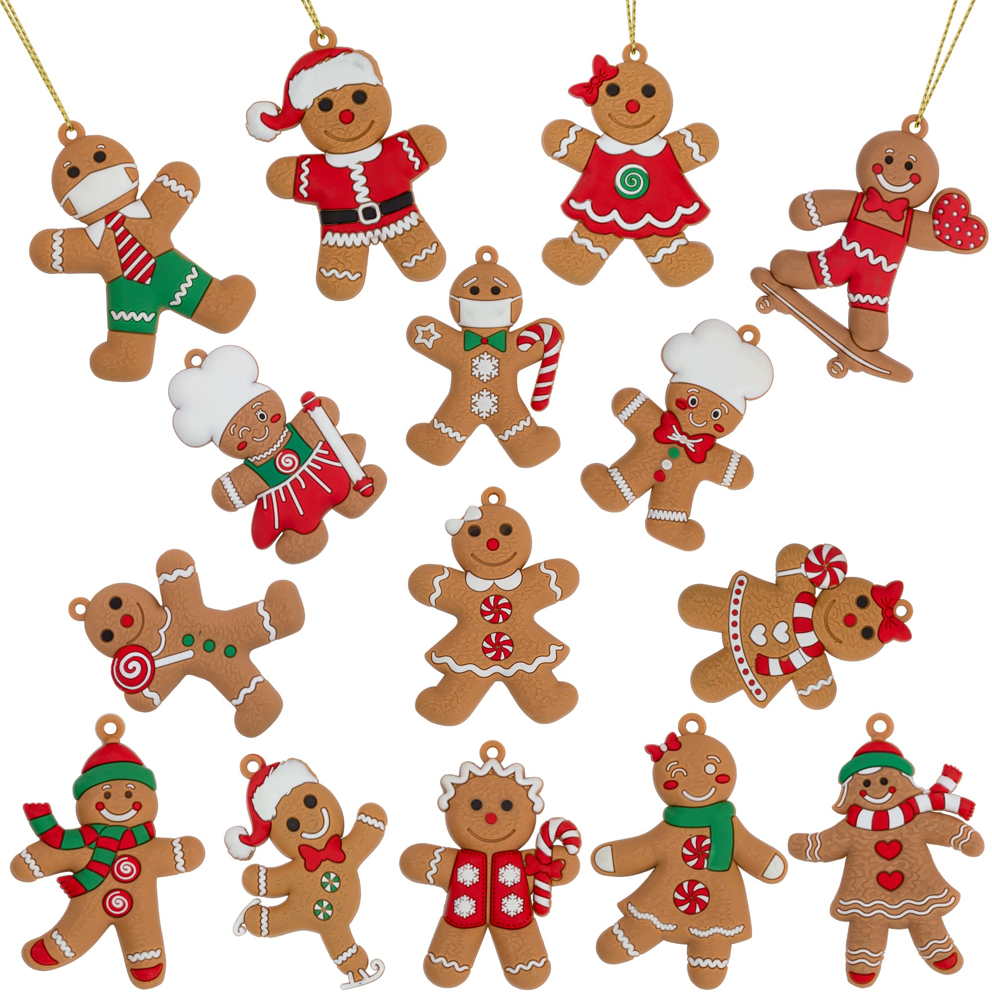 Festive Fix 15-Pack Gingerbread Man Christmas Decorations – Adorable Assorted Hanging Gingerbread Ornaments, Traditional Xmas Tree Decorations for Home, Party & Festive Décor