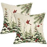 Fahrendom Christmas Tree Cardinal Decorative Throw Pillow Covers 18 x 18 Set of 2, Xmas Pine Trees Red Birds Ball Porch Outdoor Pillowcase, Winter Holiday Farmhouse Sofa Couch Cushion Case Home Decor