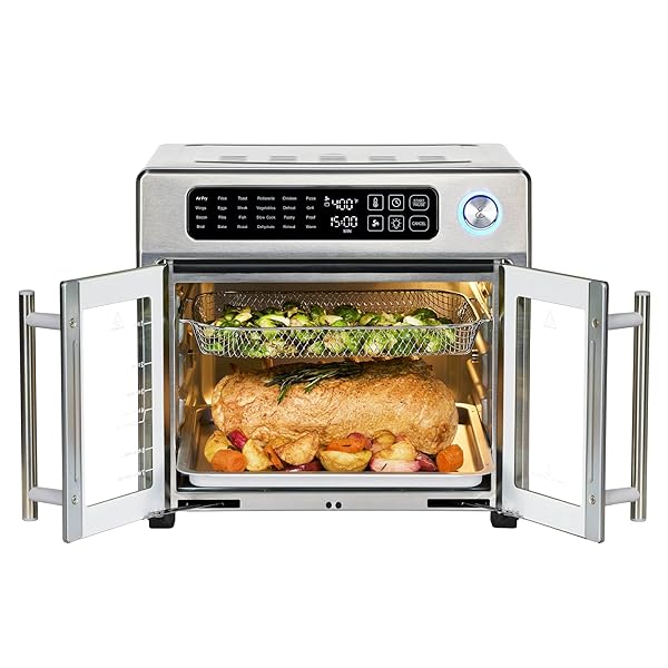 EMERIL LAGASSE EXTRA LARGE FRENCH DOOR AIR FRYER TOASTER OVEN COMBO, 24 COOKING FUNCTIONS AND DIGITAL CONTROLS, 7 ACCESSORIES INCLUDED, STAINLESS STEEL FINISH, 26QT CAPACITY