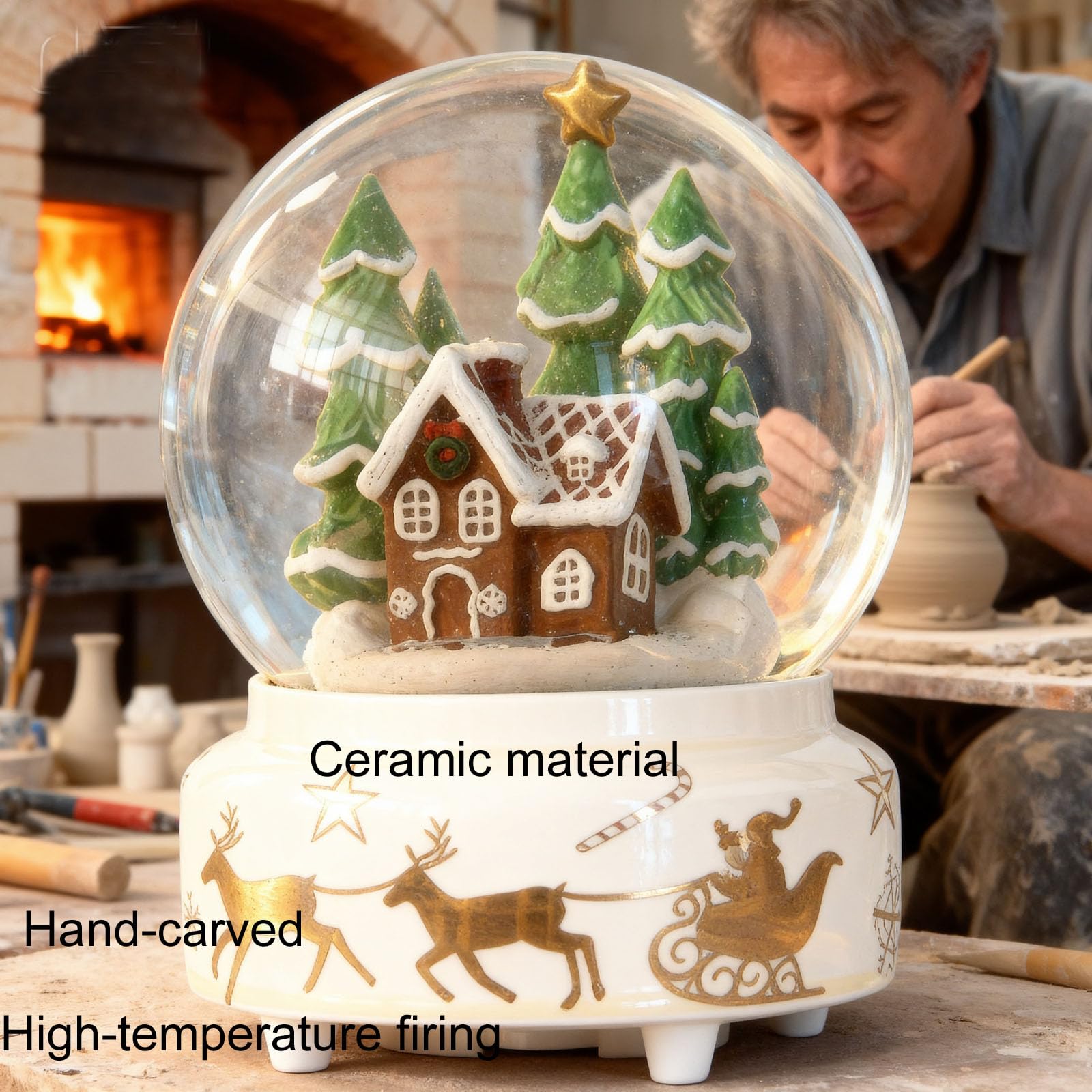 GIYBIGM 6.5Inch Height Christmas Snow Globe with Gingerbread Man House on Ceramic Base LED Light Musical Snowflakes Holiday Decoration, Holiday Home Decor, Large Illuminated Glitter Water Globe.