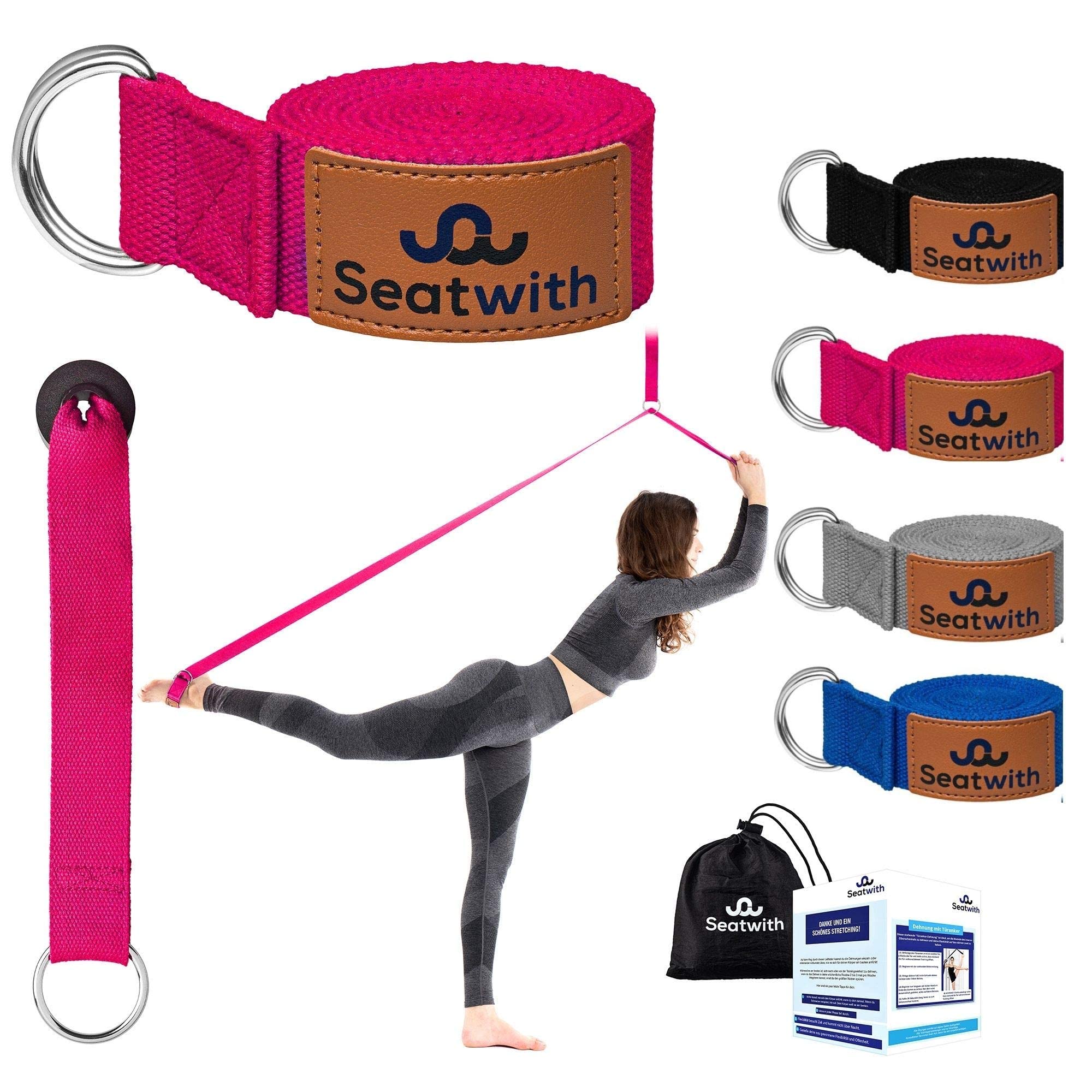 Seatwith Yoga Strap with Loops - Exercise Straps 200 X 4 cm Leg Stretcher with 10 Loops - Transport Bag + Training Instructions Included - Stretching Bands for Flexibility - PINK