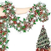 Xnovies 32.8Ft Christmas Snowflake Tinsel Garlands, Red Green Glittering Metallic Twist Garland Thick Shiny Hanging Decoration for Xmas Tree Winter Home Holiday Stairs New Year Party Wall Decor